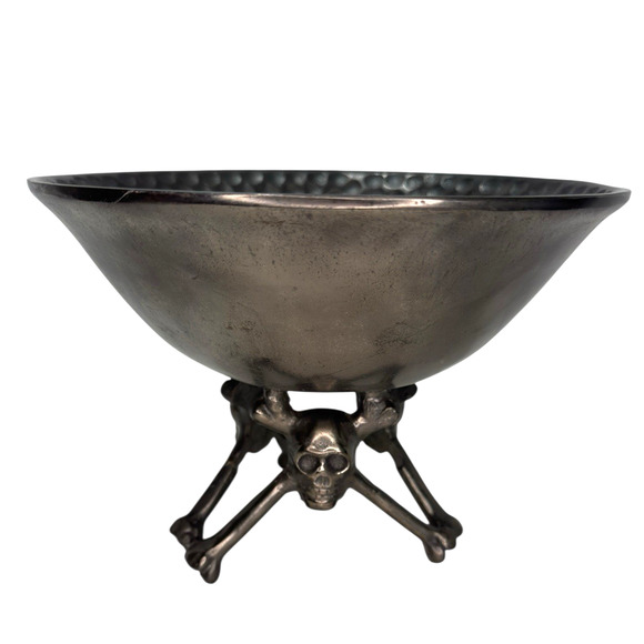 Gothic Hammered Metal Bowl Decorative Centerpiece Skull & Crossbones Base 10" - Picture 3 of 9